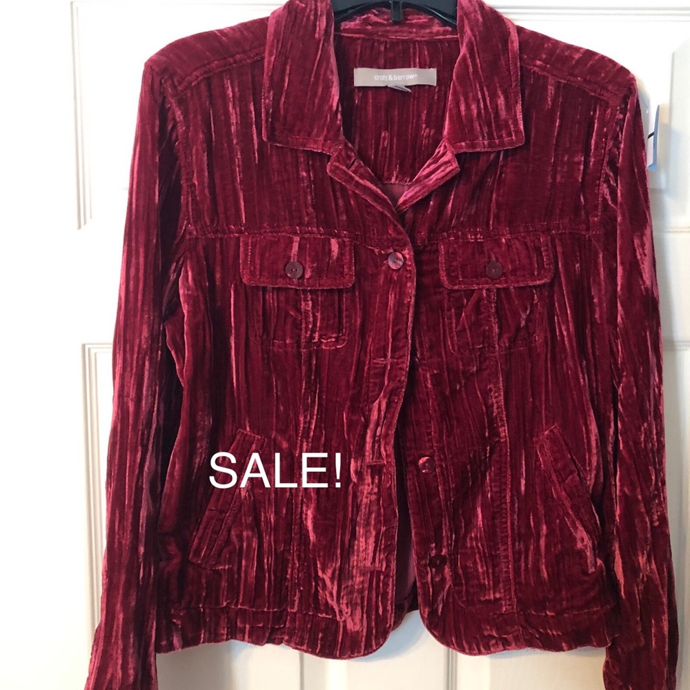Red Crushed Velvet Button Up Jacket With Chest Pockets by Croft & Barrow SZ Med